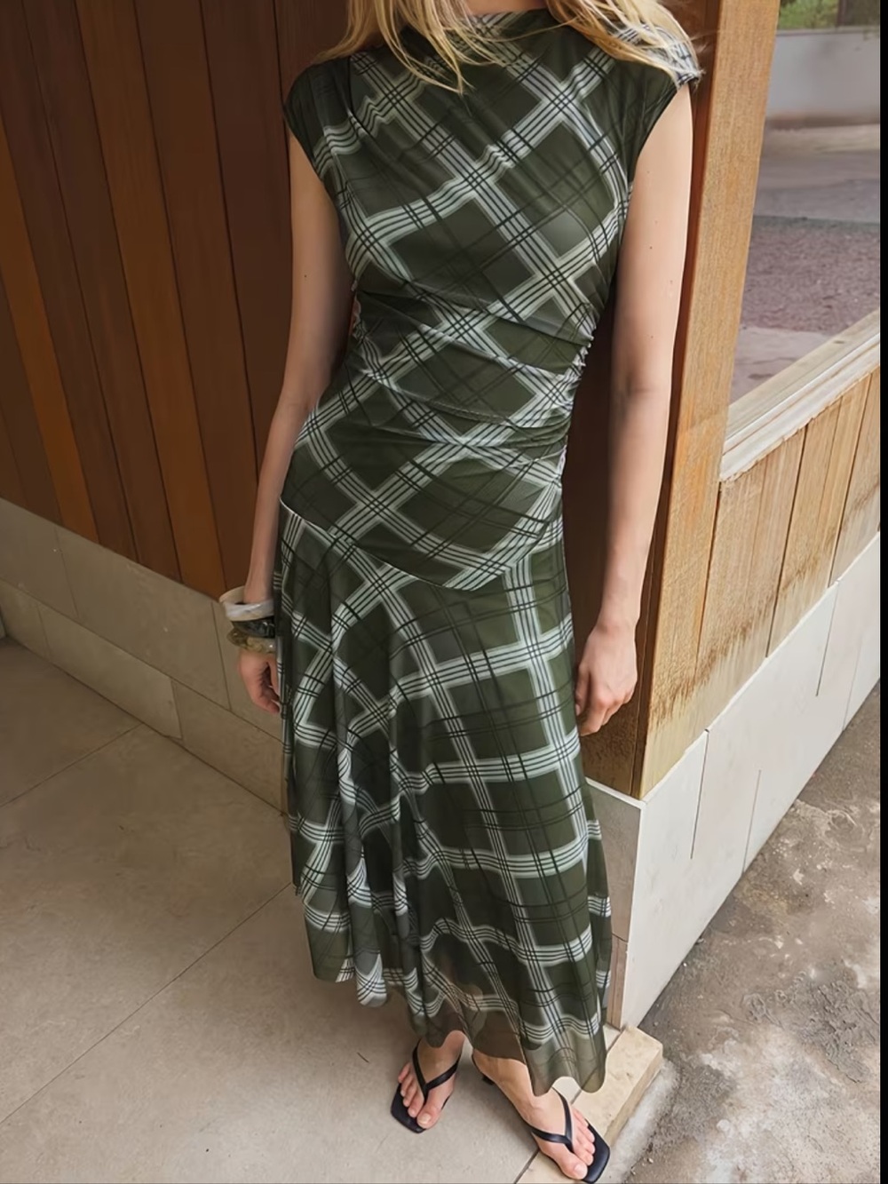 Women's Mesh Plaid Print Crew Neck Raglan Short Sleeve Dress; Women's Slim Fit